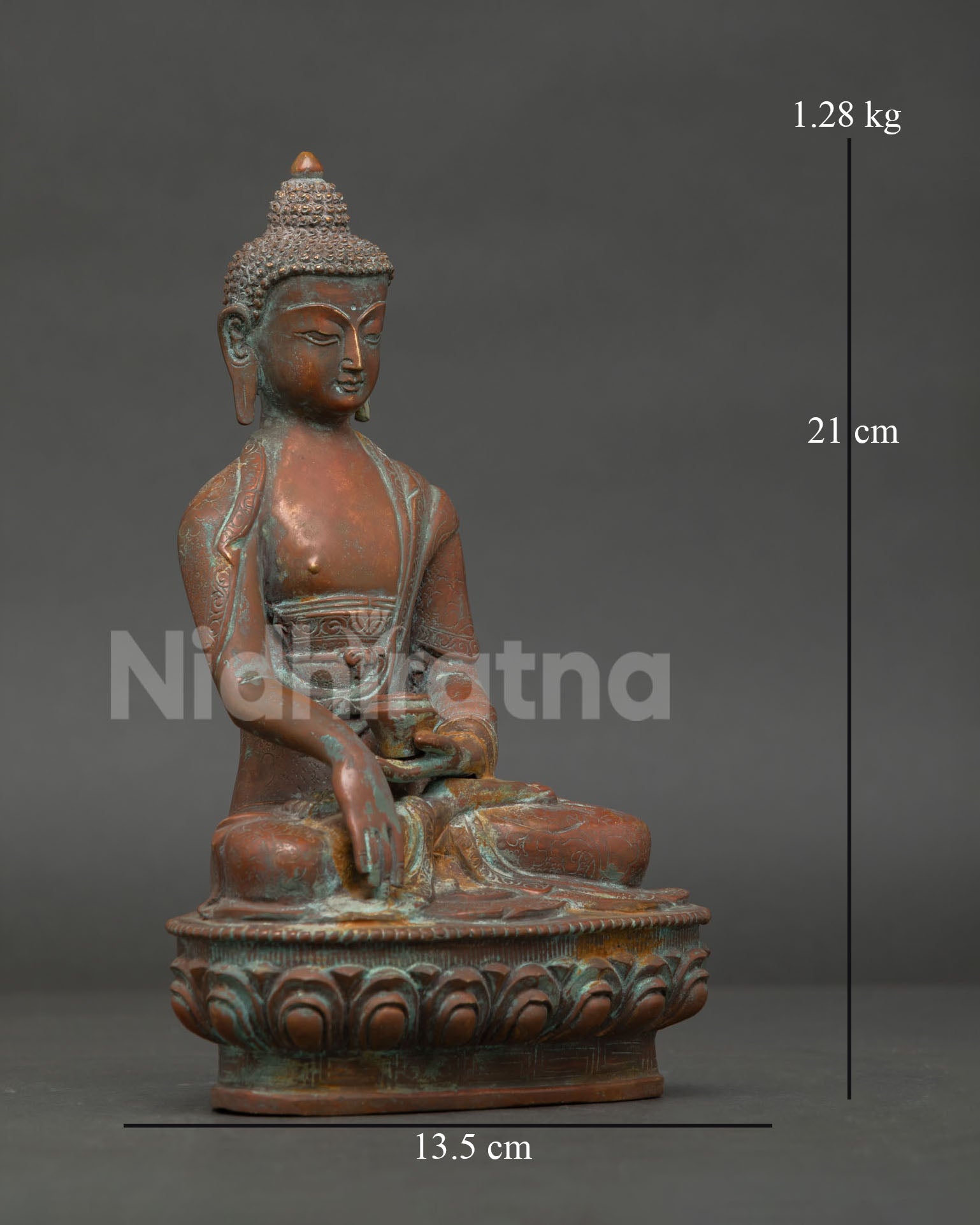 right side view oxidized shakyamuni buddha statue seated lotus throne copper finish