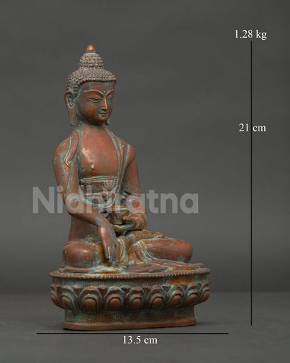 right side view oxidized shakyamuni buddha statue seated lotus throne copper finish