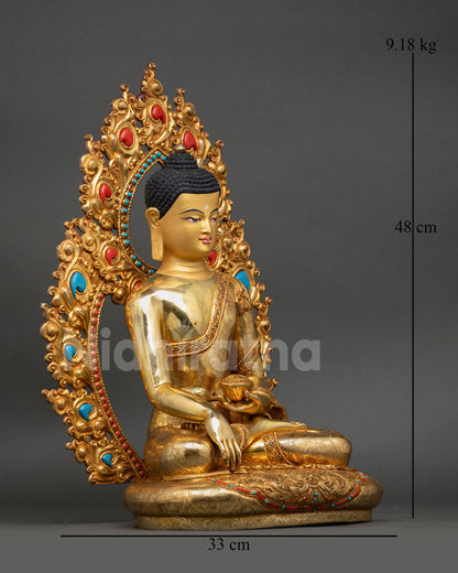 right side view shakyamuni buddha statue gold gilded seated lotus pedestal garuda moon disc halo
