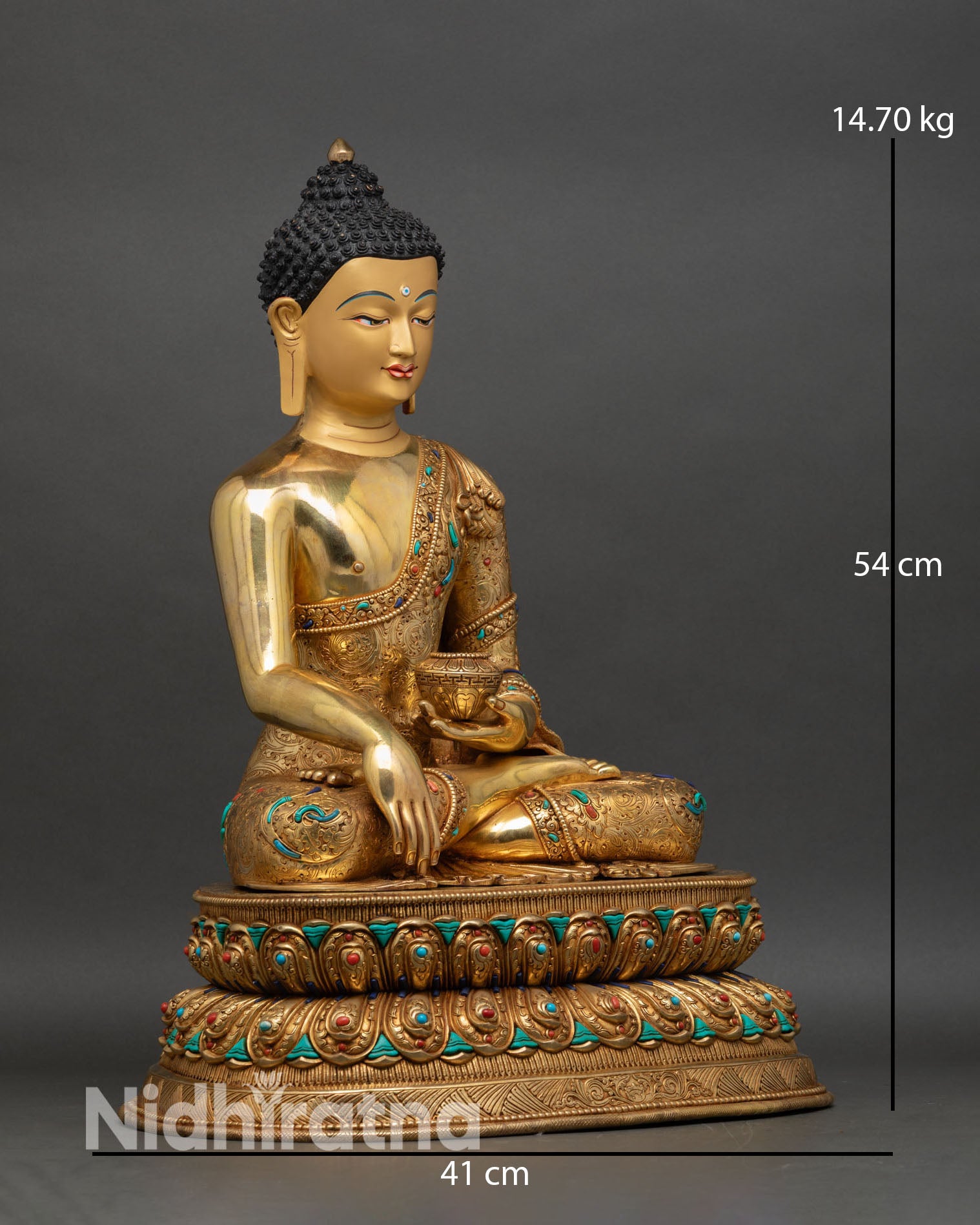 right side view shakyamuni buddha statue, handcrafted copper gilded nepal art