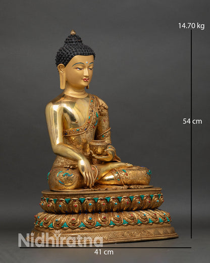 right side view shakyamuni buddha statue, handcrafted copper gilded nepal art