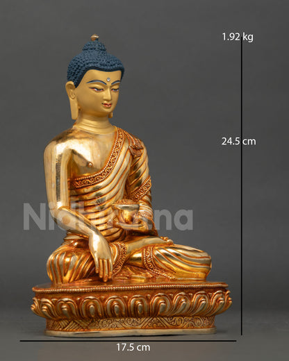 right side view shakyamuni buddha statue, lotus seated copper sculpture, nepal buddhist art