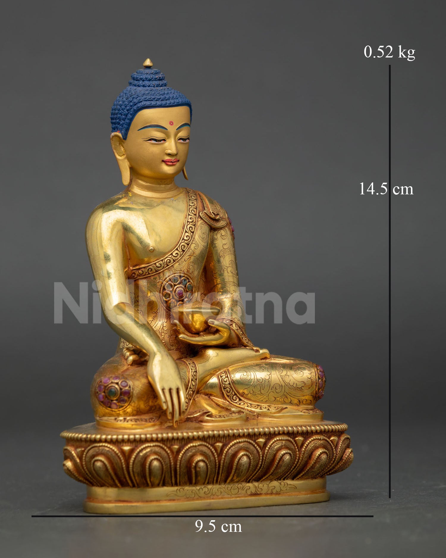 right side view shakyamuni buddha statue nepal handmade copper gold sculpture lotus seat