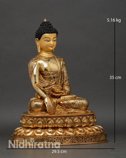 right side view shakyamuni buddha statue seated lotus pedestal copper alloy fire gilded nepal handcrafted ritual art