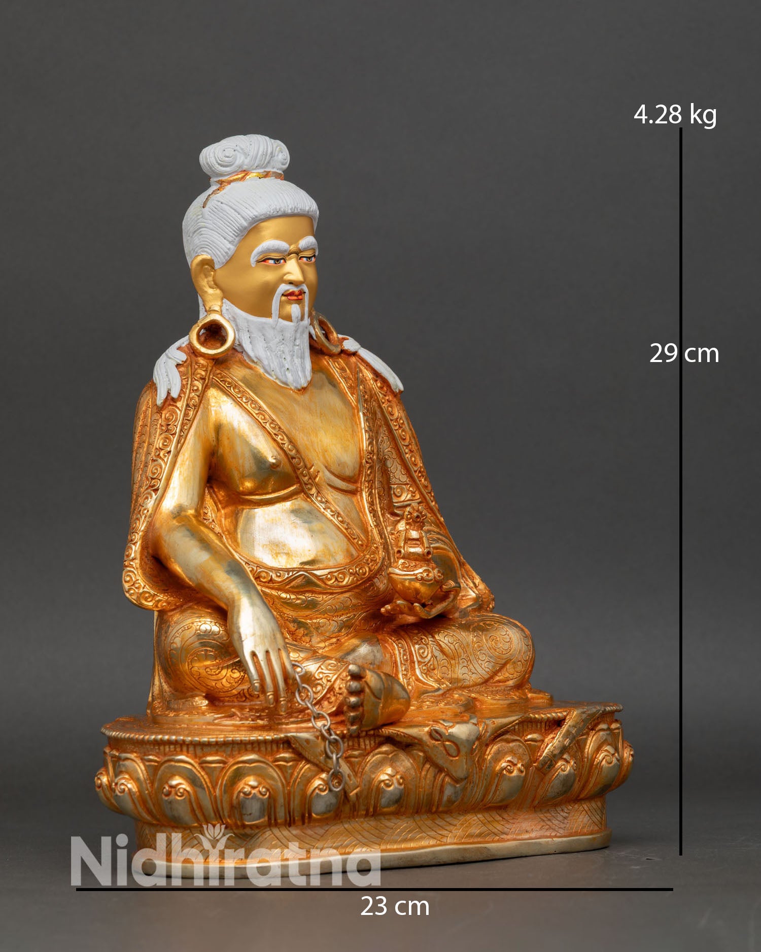 Right side view Thangtong Gyalpo statue, copper gold gilded Nepal