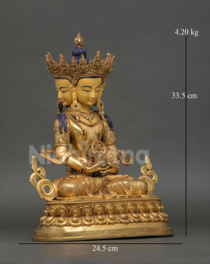 Right side view vairocana buddha statue, copper sculpture with fire-gilded gold and lotus seat