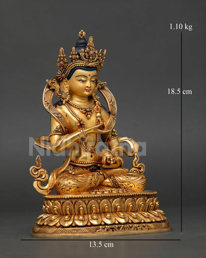 right side view vajrasattva statue copper sculpture on lotus seat holding vajra and bell nepalese buddhist art