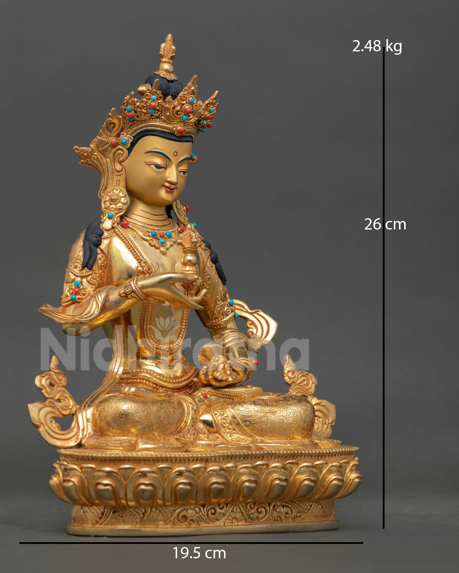 Right side view Vajrasattva statue, Dorje Sempa seated on lotus with vajra and bell