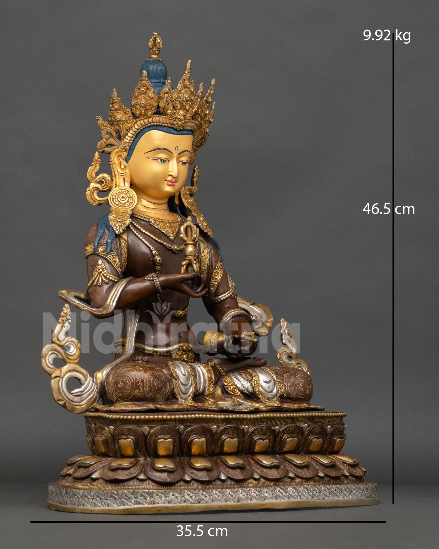 Right side view Vajrasattva statue oxidized copper Himalayan Buddhist altar sculpture Nepal