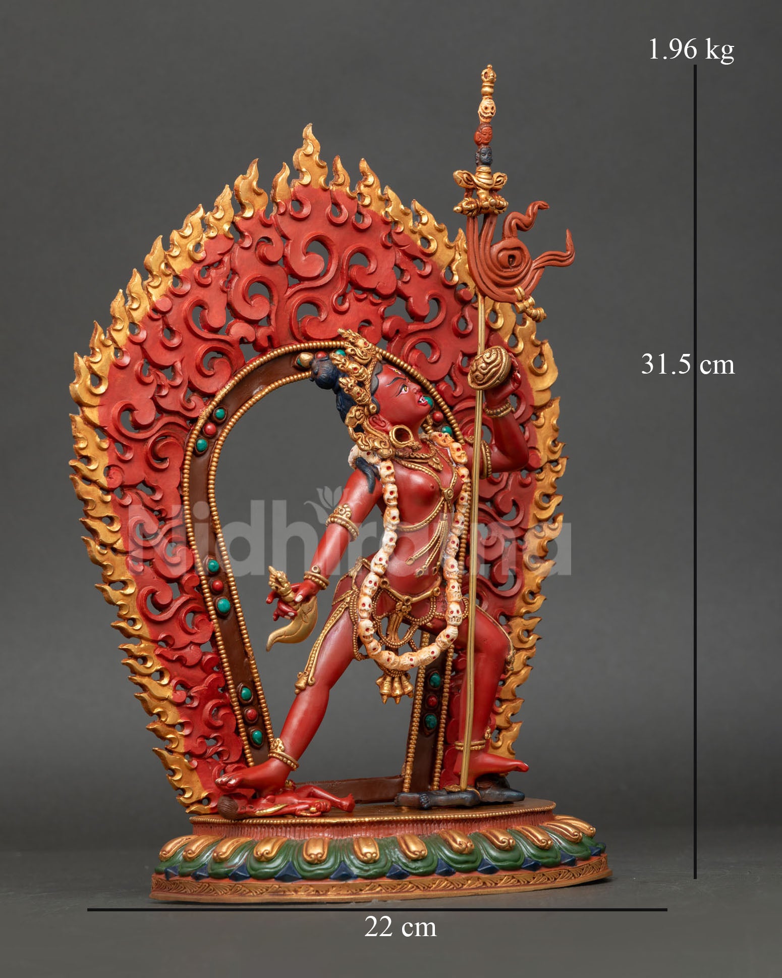Right side view Vajrayogini statue in dynamic posture, copper gold gilded finish and Himalayan artistry