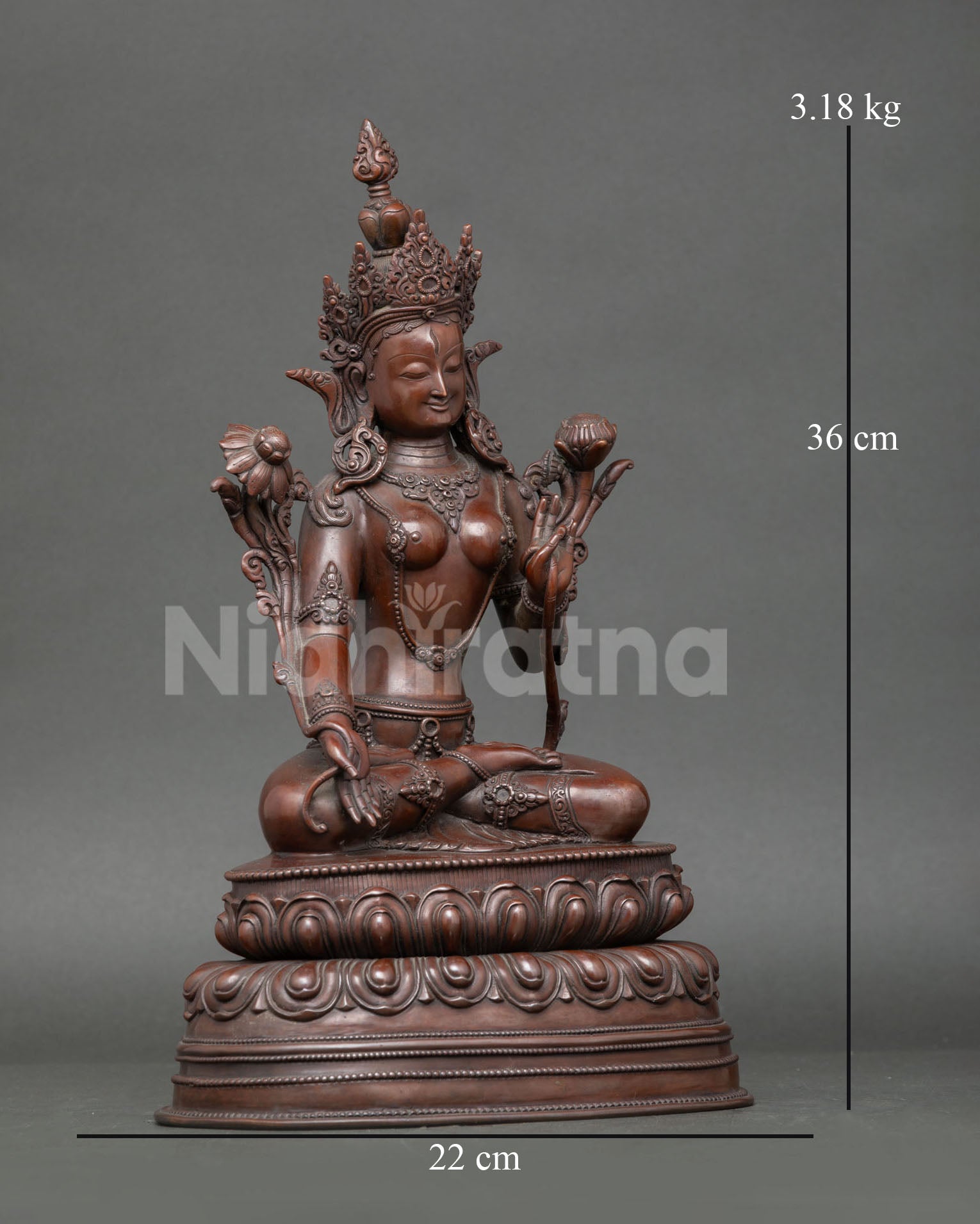 Right side view White Tara statue, full profile seated on lotus, oxidized copper Buddhist art Nepal