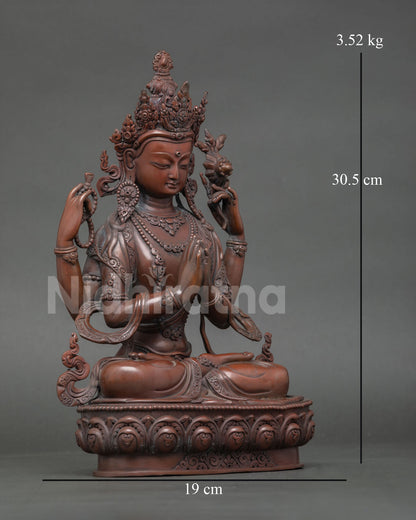 Right view of Four Armed Chenrezig statue showing full posture and ritual attributes