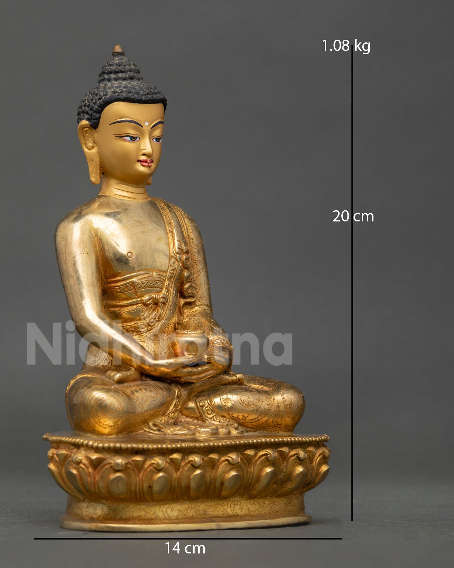 Right view of Amitabha Buddha Statue, copper alloy sculpture with lotus base and gold fire-gilded finish