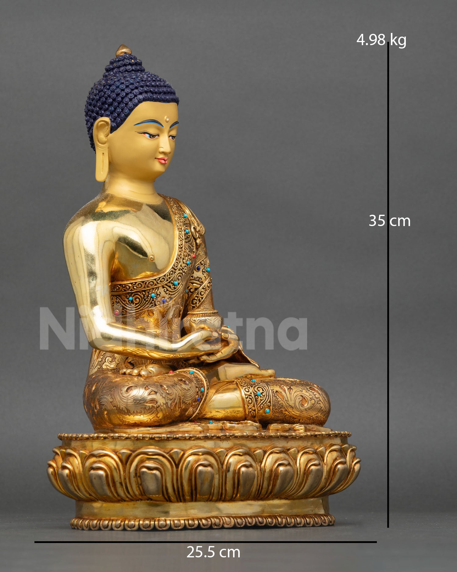 right view of Amitabha Buddha statue, handcrafted Himalayan copper artwork