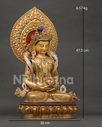 Right View of Amitayus Statue with Lotus Throne and Ornate Halo