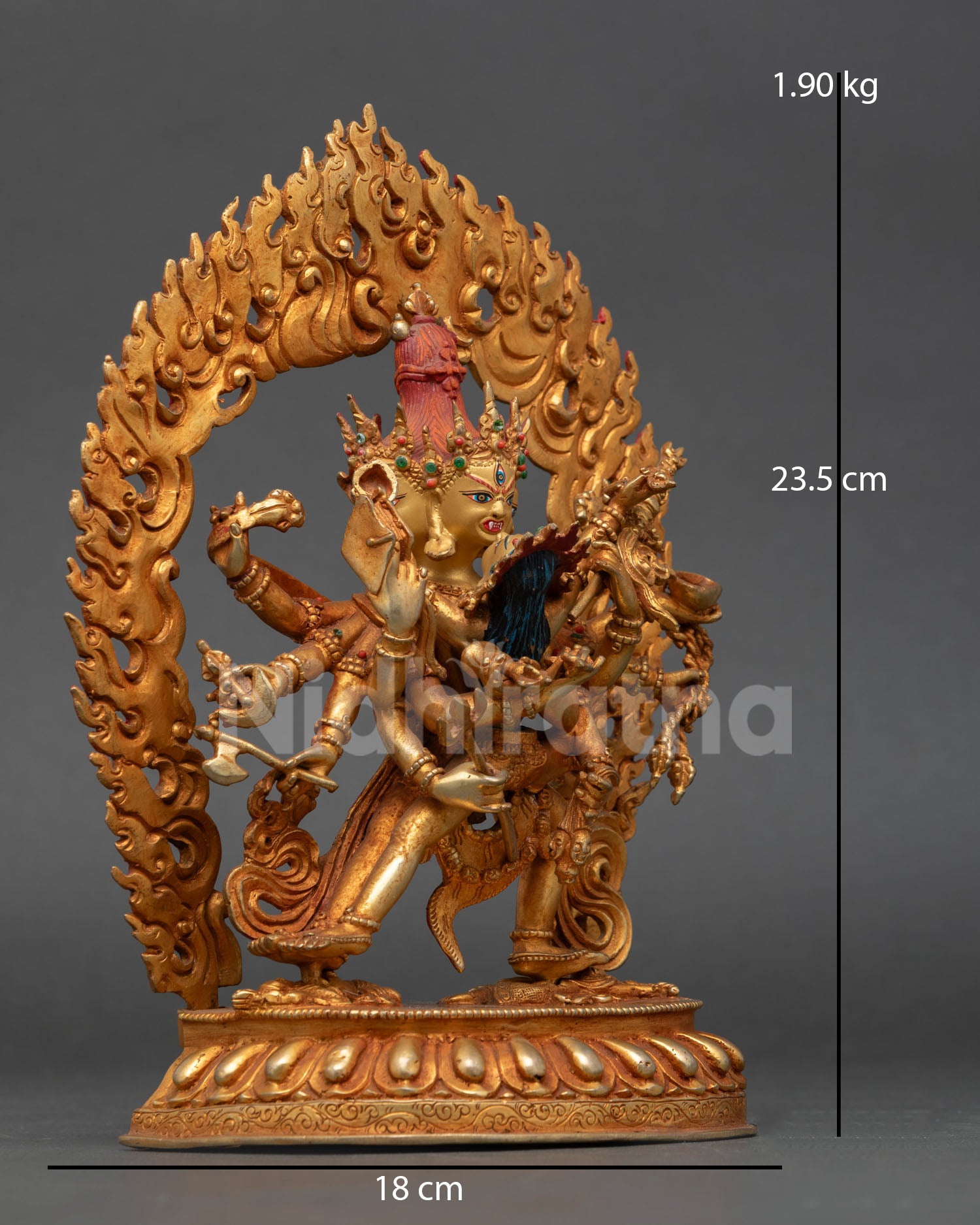 right view of chakrasamvara statue with lotus base and blazing aureole handcrafted in nepal