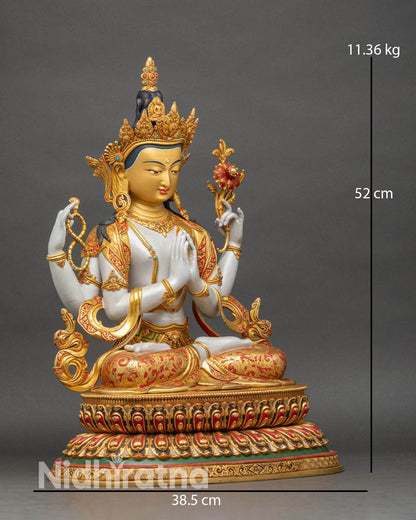 Right view of Chenrezig Avalokiteshvara statue seated on double lotus throne, gold gilded copper