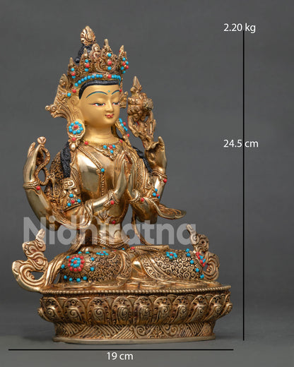 Right view of Chenrezig Statue displaying four arms and traditional Himalayan craftsmanship