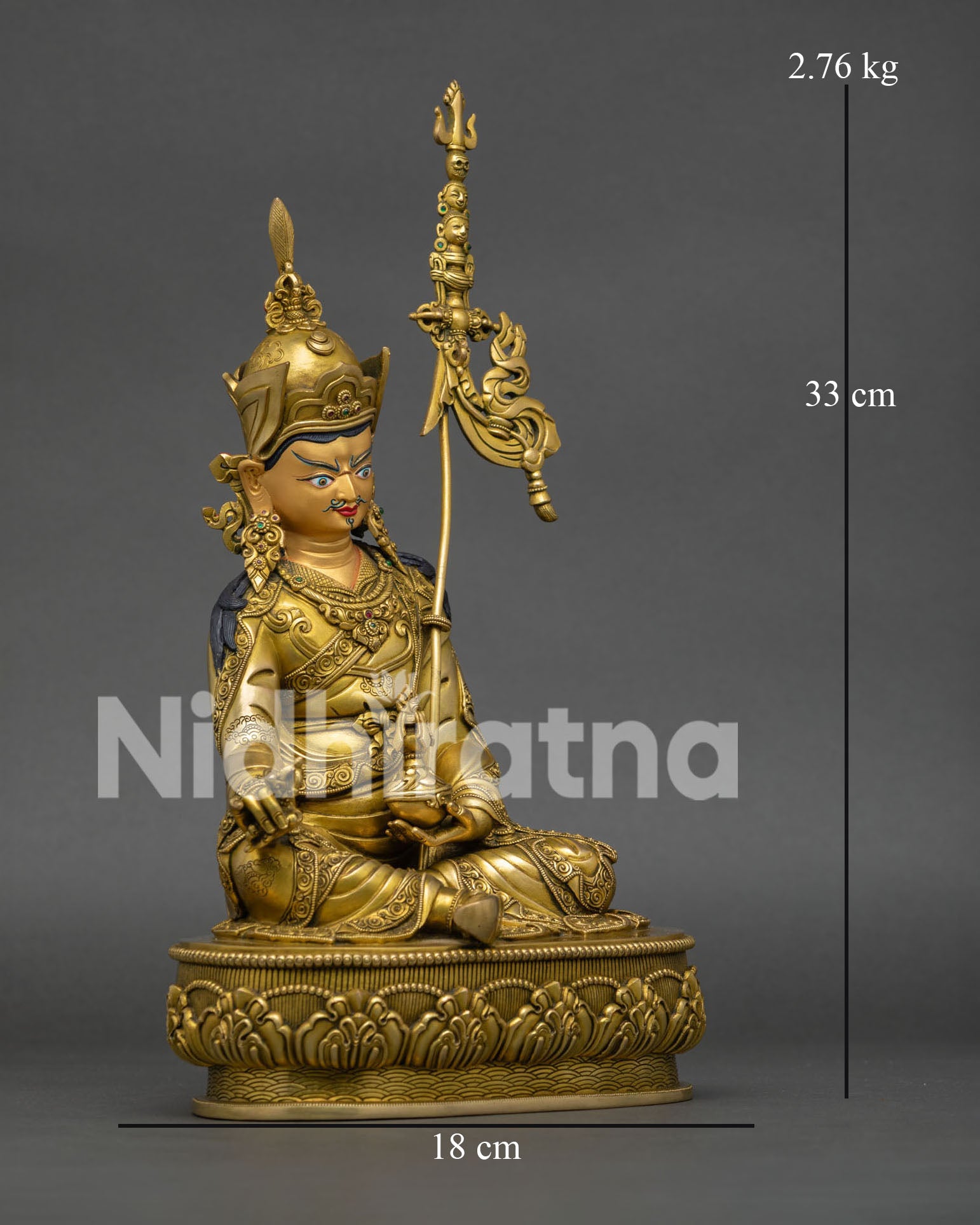 Right View of Guru Rinpoche Statue with Sacred Khatvanga Staff and Fire Gilded Finish