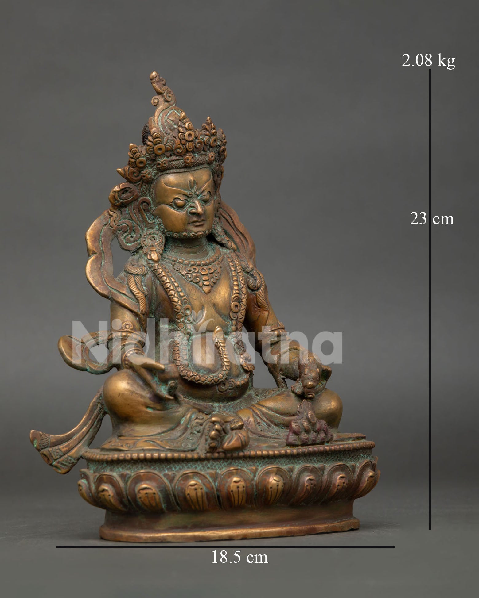 right view of handcrafted dzambhala statue with vintage oxidized copper finish