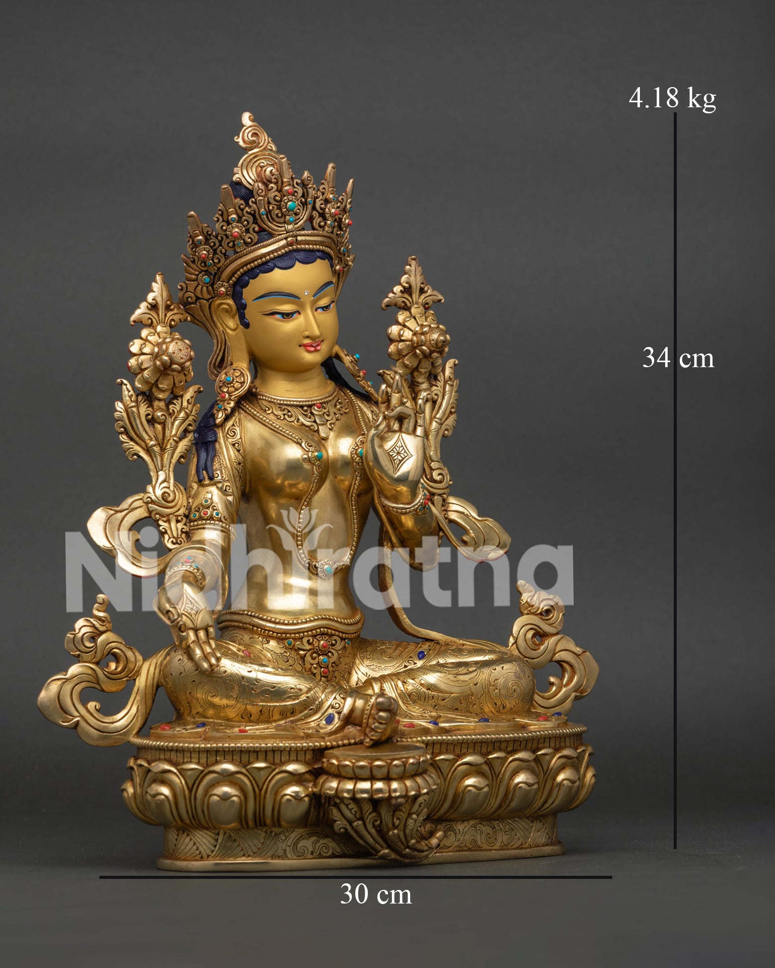 Right view of handcrafted Green Tara Statue with lotus pedestal and copper body