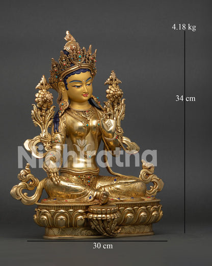 Right view of handcrafted Green Tara Statue with lotus pedestal and copper body