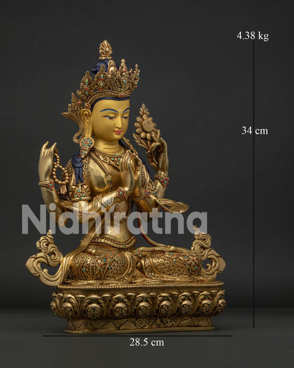 Right View of Handmade Chenrezig Statue with Four Arms and Lotus Throne