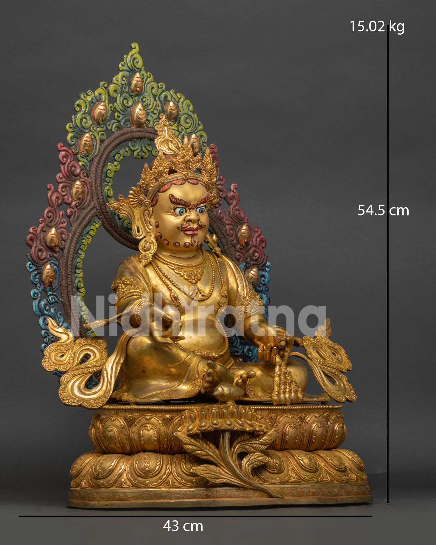 Right View of Handmade Dzambhala Statue with Halo and Lotus Pedestal