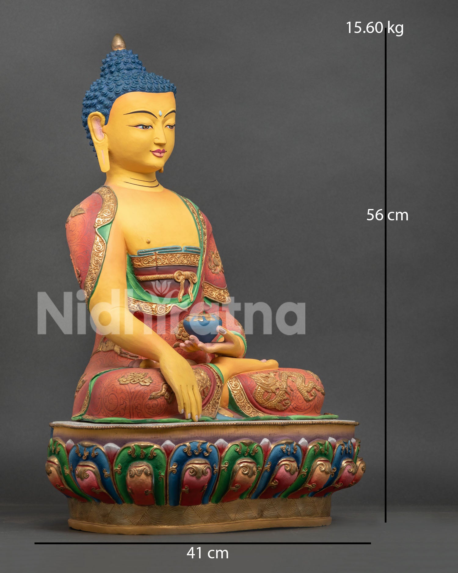 Right view of handmade Shakyamuni Buddha Statue with lotus throne and intricate copper carving
