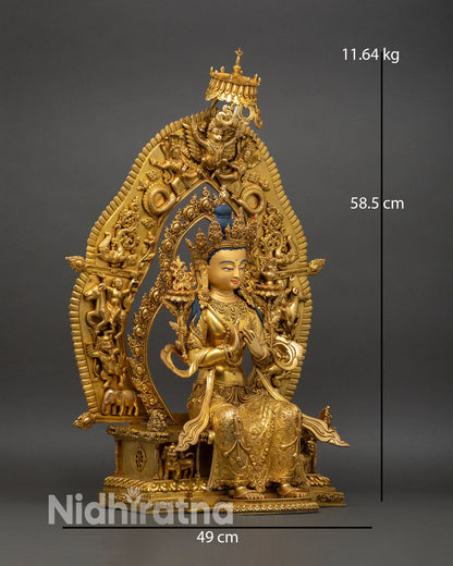 right view of maitreya buddha statue, dharmachakra mudra on ornate throne