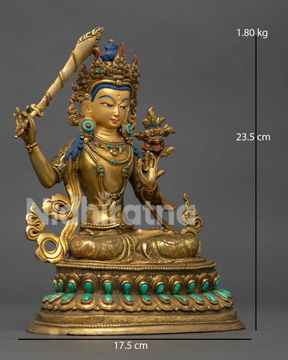 right view of manjushri statue holding flaming wisdom sword on lotus throne