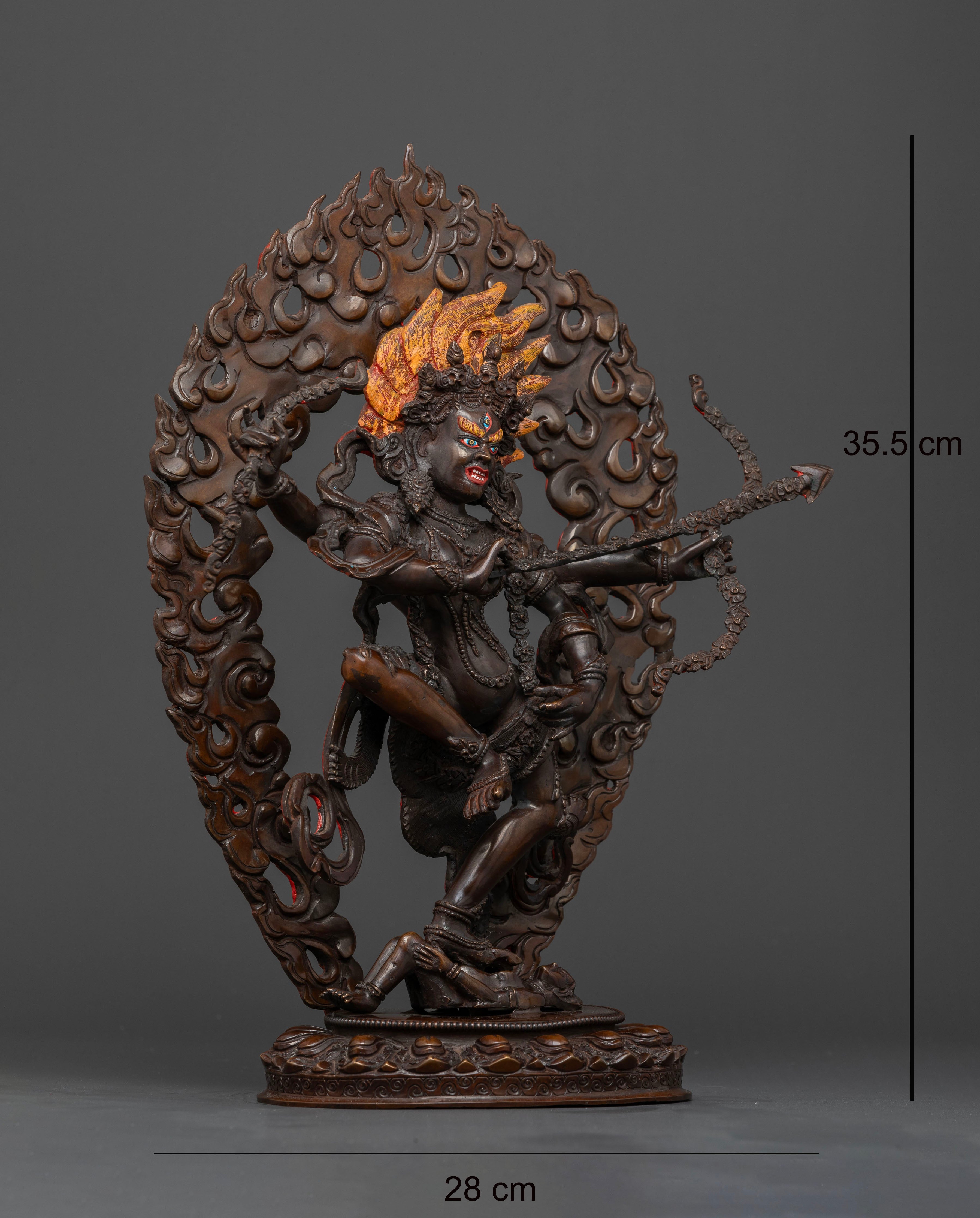 Right view of Oxidized Kurukulla Statue with flower hook, noose, and blazing aureole