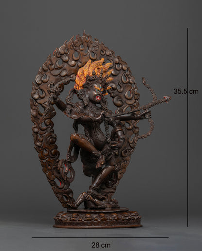 Right view of Oxidized Kurukulla Statue with flower hook, noose, and blazing aureole