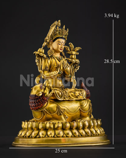 Right view of Simhanada Manjushri statue holding wisdom sword on lotus
