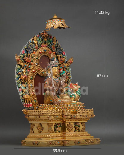 right view of simhanada manjushri statue with flaming wisdom sword and snow lion