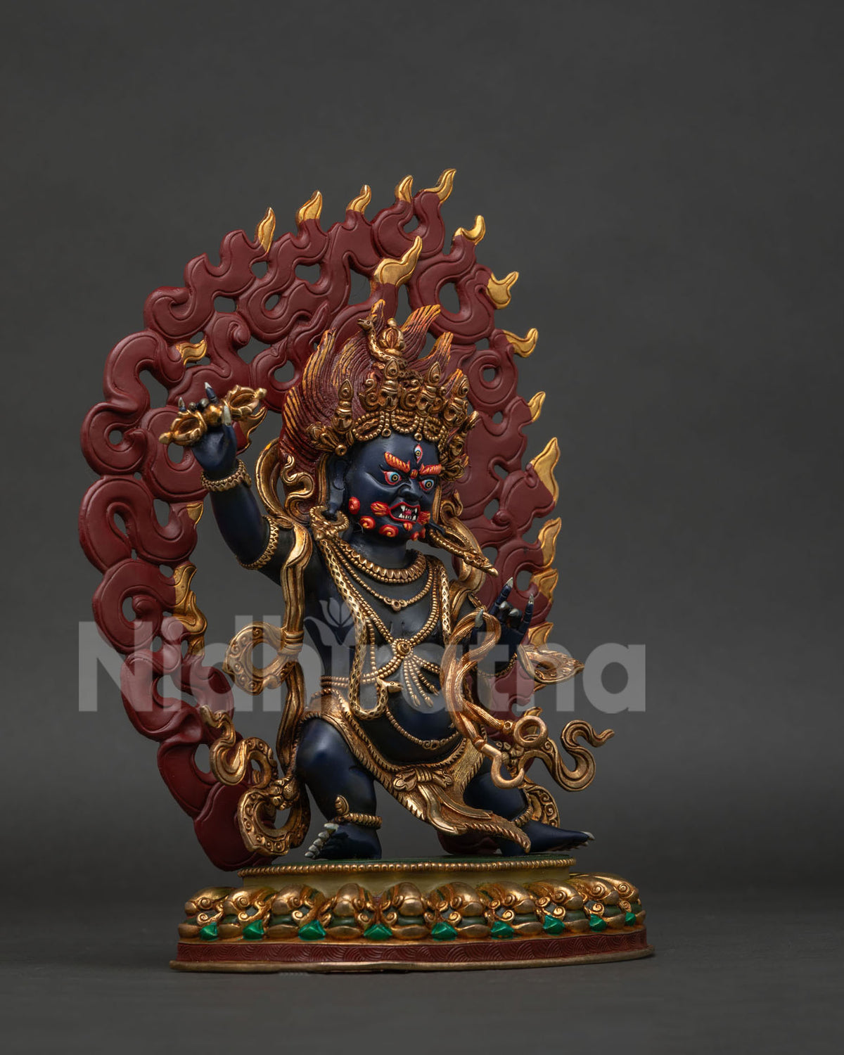 Right view of standing copper Vajrapani Bodhisattva statue with blazing wisdom fire halo.