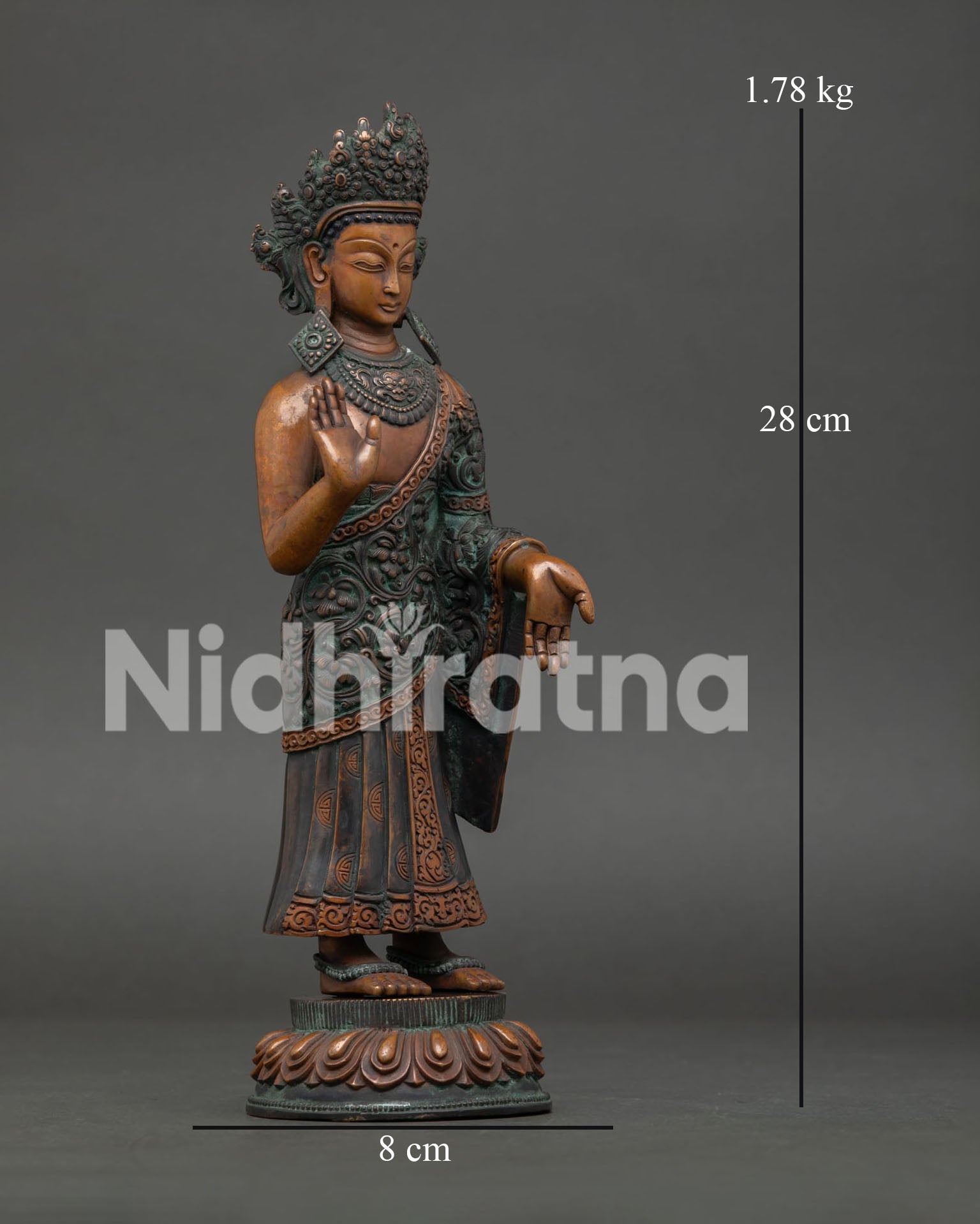 right view of standing dipankara buddha statue in oxidized copper handcrafted in nepal