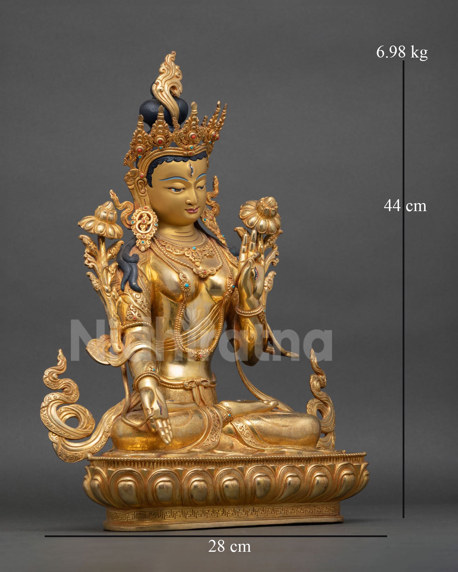 right view of white tara statue with lotus throne and fire-gilded copper craftsmanship