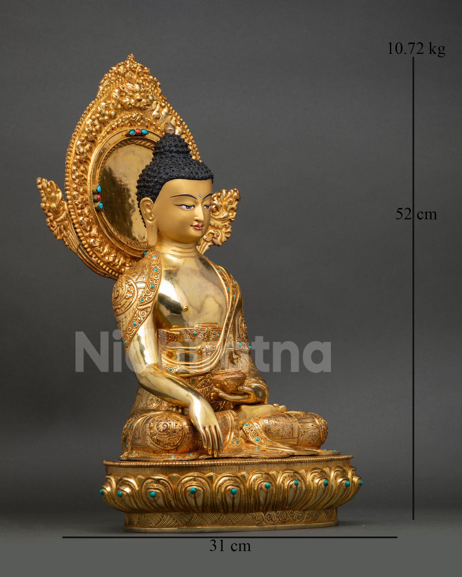 right view shakyamuni buddha statue, copper gold gilded, lotus throne buddhist sculpture