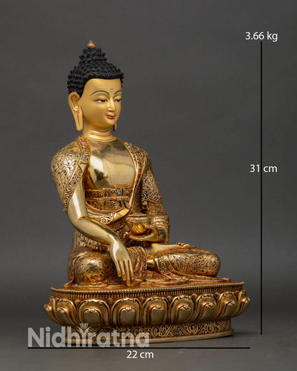 Close up Shakyamuni Buddha Statue, handcrafted copper with gold gilding details