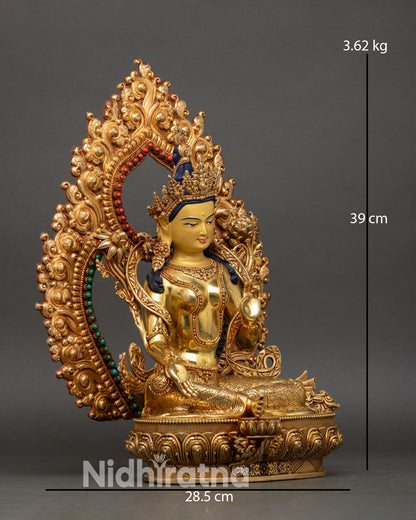 Right side view of Green Tara Statue, handcrafted copper and gold artwork