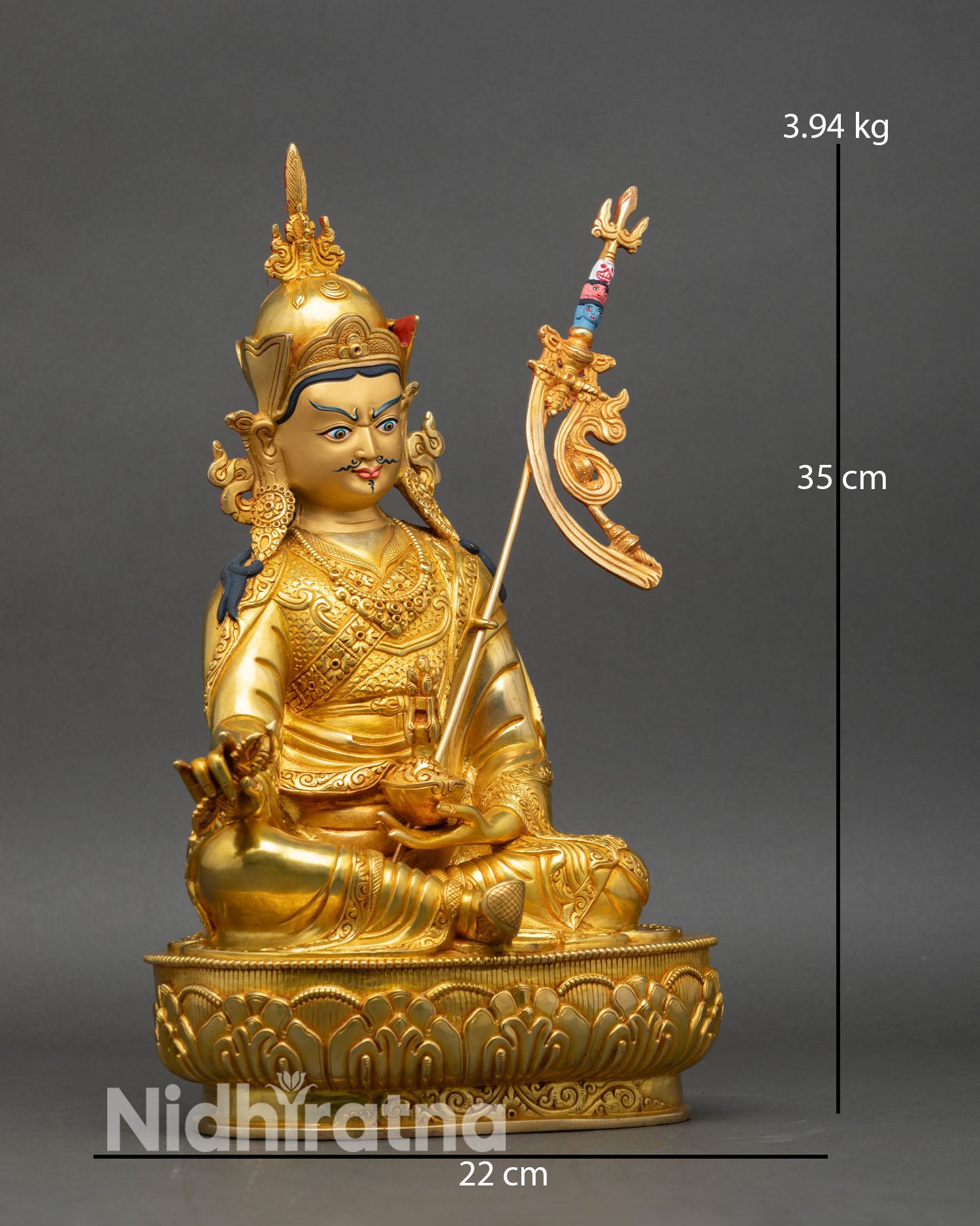 Right view side of Guru Rinpoche Statue, Himalayan bodhisattva copper and gold artwork