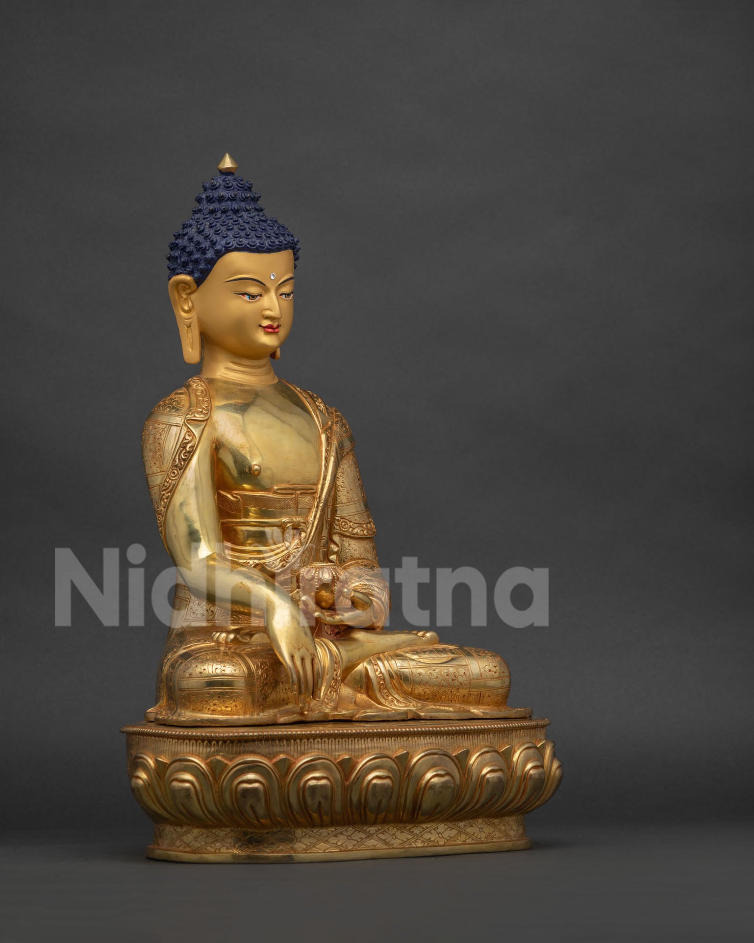 Right side view of handcrafted Shakyamuni Buddha copper statue from Nepal