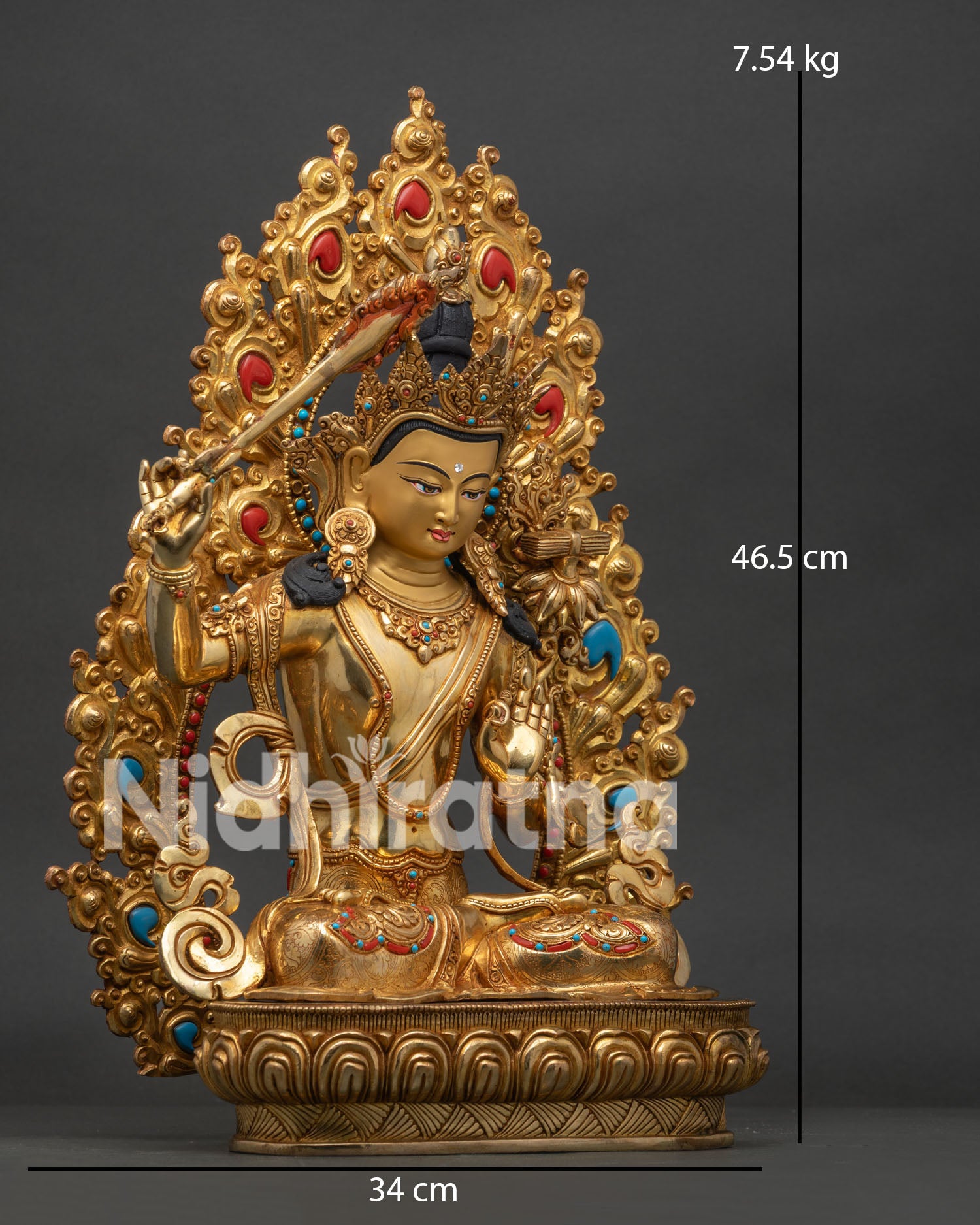 Right View Side Manjushri Statue on Lotus Seat with Prajnaparamita Sutra and Utpala