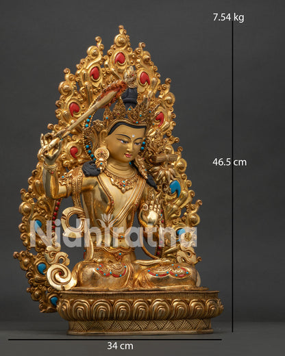 Right View Side Manjushri Statue on Lotus Seat with Prajnaparamita Sutra and Utpala