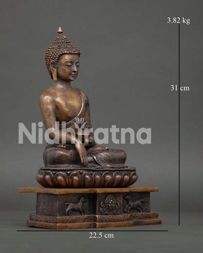 Right view side of antique Shakyamuni Buddha statue with handcrafted copper Buddhist art details