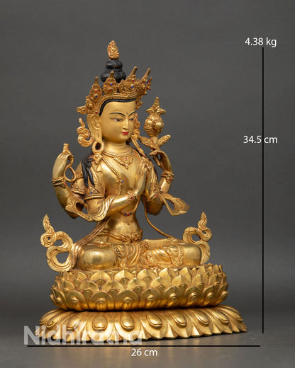 right view side of chenrezig statue, handcrafted nepalese buddhist art with ornamentation