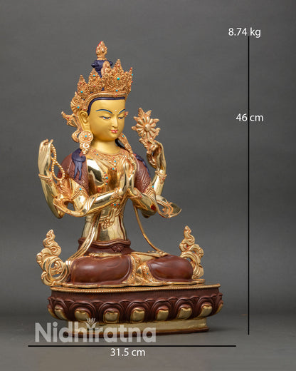 right view side of four armed chenrezig statue, handcrafted copper and gold nepalese art