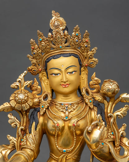 right view side of green tara sgrol ljang statue hand-sculpted nepali buddhist art