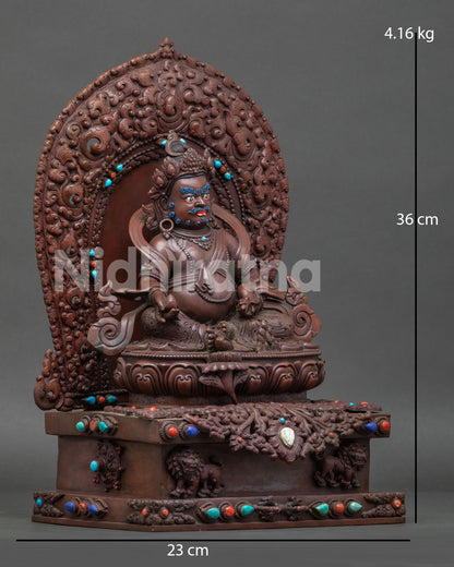 right view side of handcrafted Dzambhala statue on ornate lotus and lion throne
